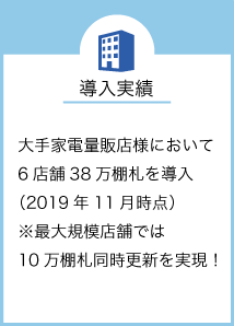 導入実績,大手家電量販店様において6店舗38万棚札を導入(2019年11月時点)最大規模店舗では10万棚札同時更新を実現